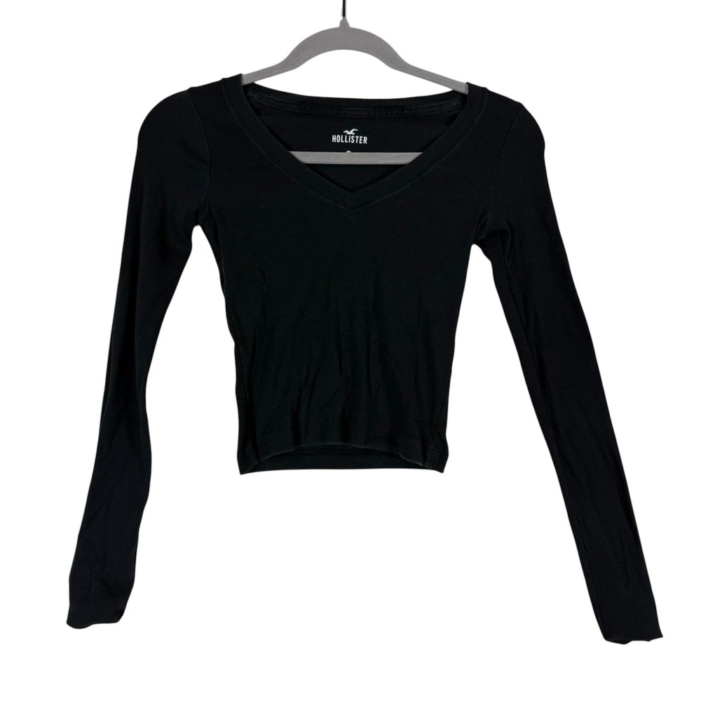 Hollister Shirt Juniors XS Black V Neck Long Sleeve Ribbed Knit Cropped Top
